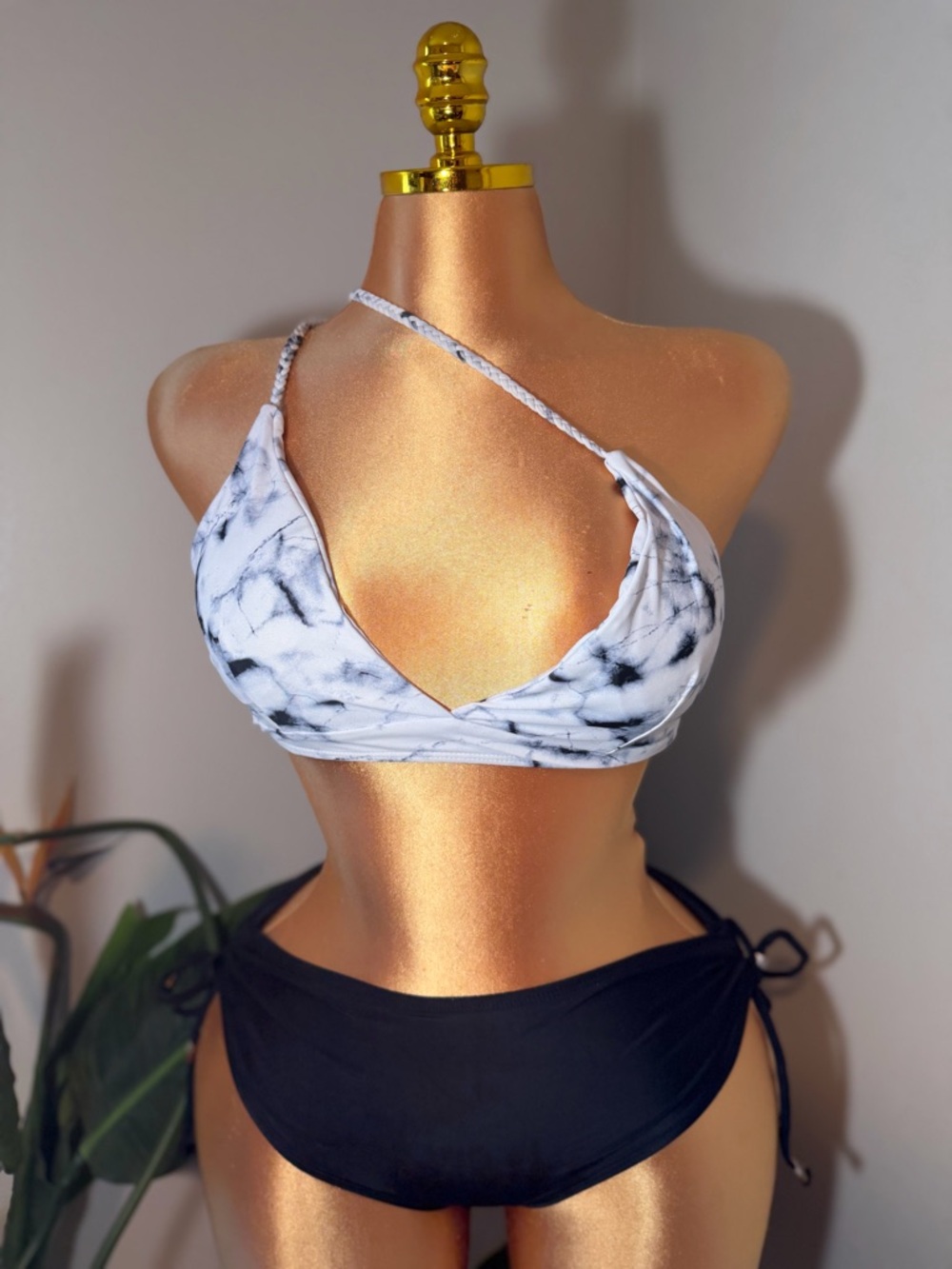 Tie-Dye Marble Halter Bikini Top in White & Black